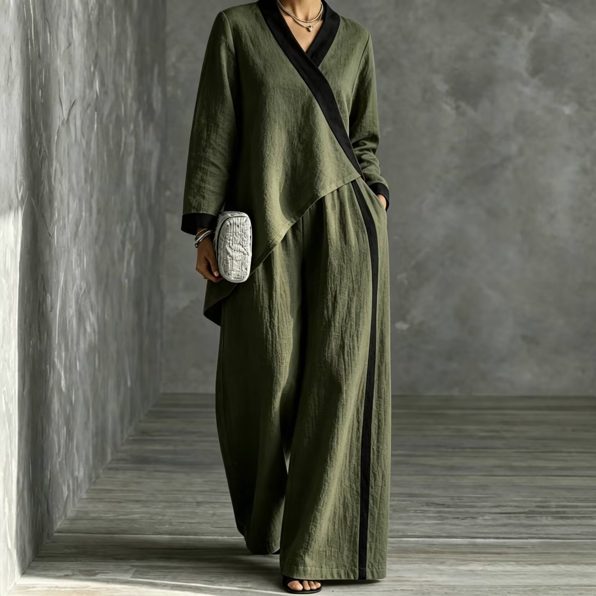 2026 Fall Cross-Border European and American Women's Fashion Color-Block V-Neck Asymmetrical Top Wide-Leg Pants Loose Casual Set