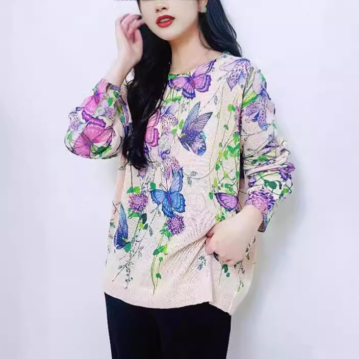 Elegant Butterfly Print Knit Pullover Sweater Long Sleeve Crew Neck Color Block