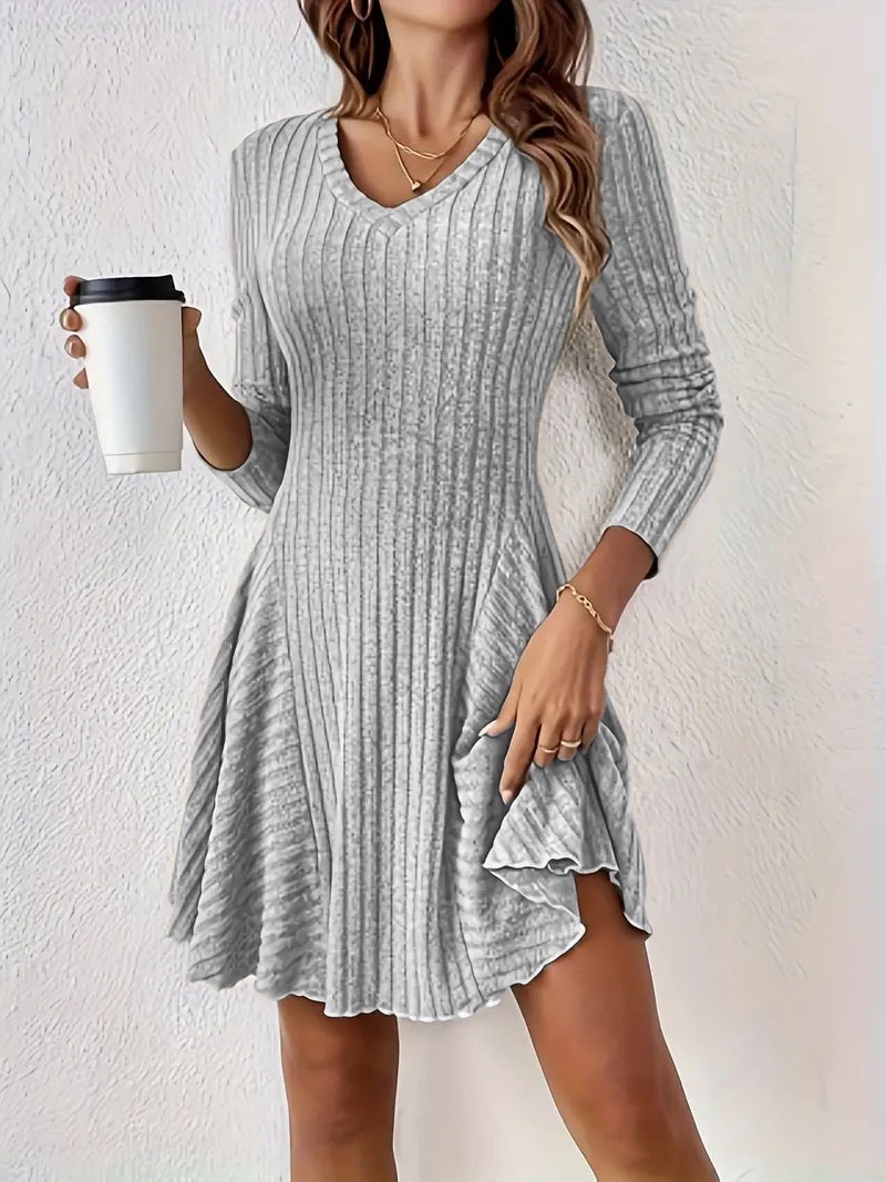 Elegant Knit V-Neck Long Sleeve A-Line Mini Dress