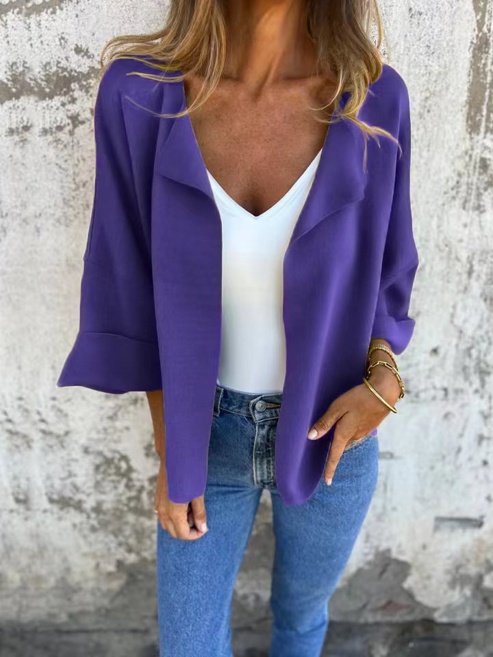 Faux Suede Collared Cardigan Jacket Solid Color Lightweight