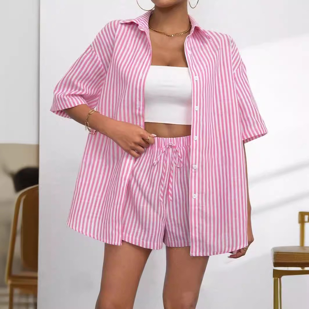 Striped Lapel Short-Sleeve Top and Shorts Two-Piece Set