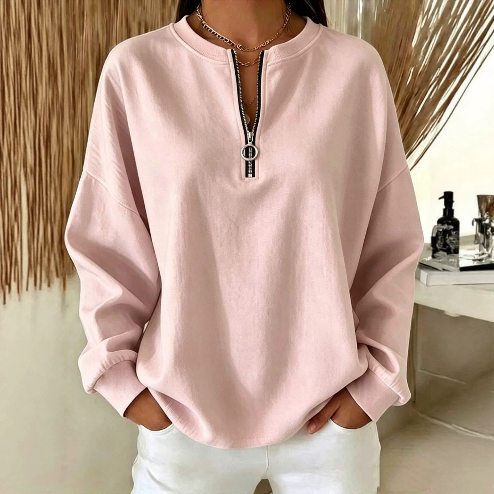 Women's Crewneck Half-Zip Pullover Long-Sleeve Sweatshirt