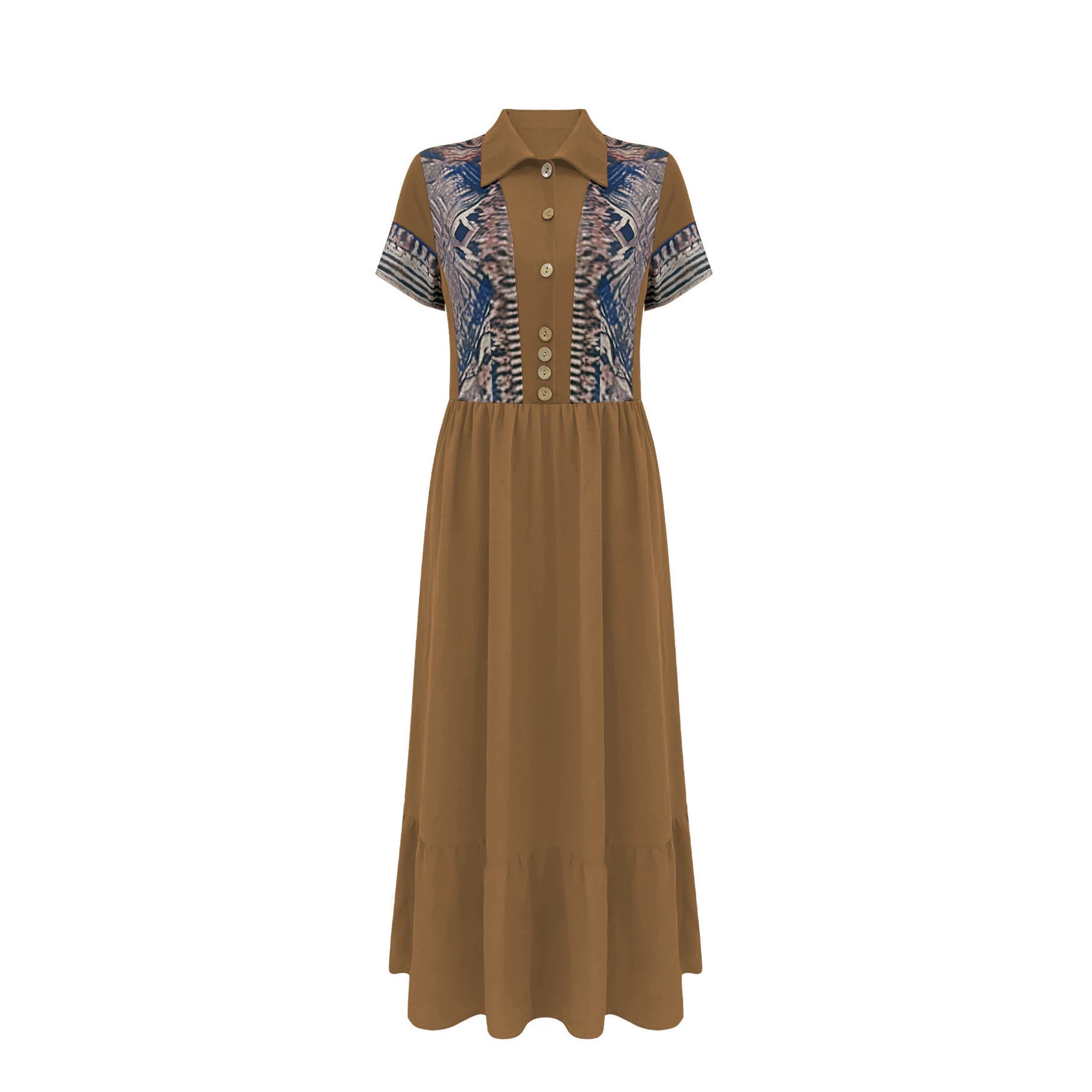 Aztec Print Collared Short Sleeve A-Line Maxi Dress