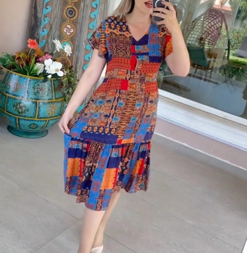 Women's Casual Printed V-Neck Short Sleeve Midi Dress