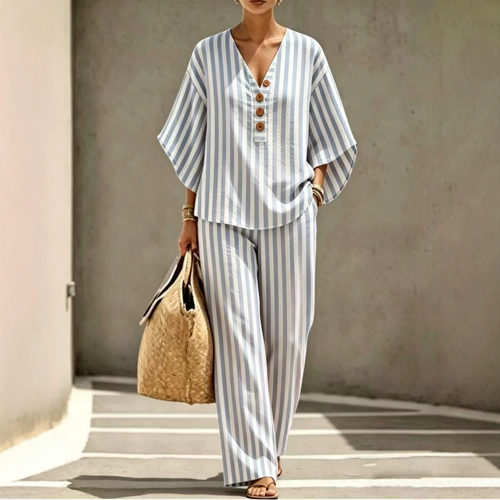Women's Striped Linen-Blend Shirt & Wide-Leg Pants Set