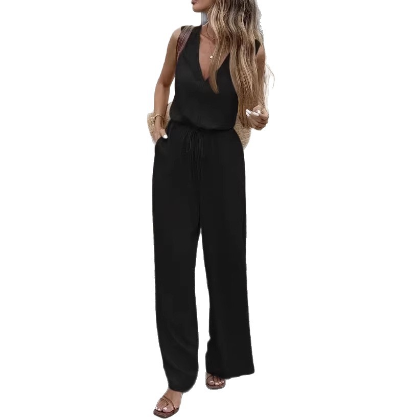 Women's V-Neck Sleeveless Tie-Waist Long Pants Casual Set