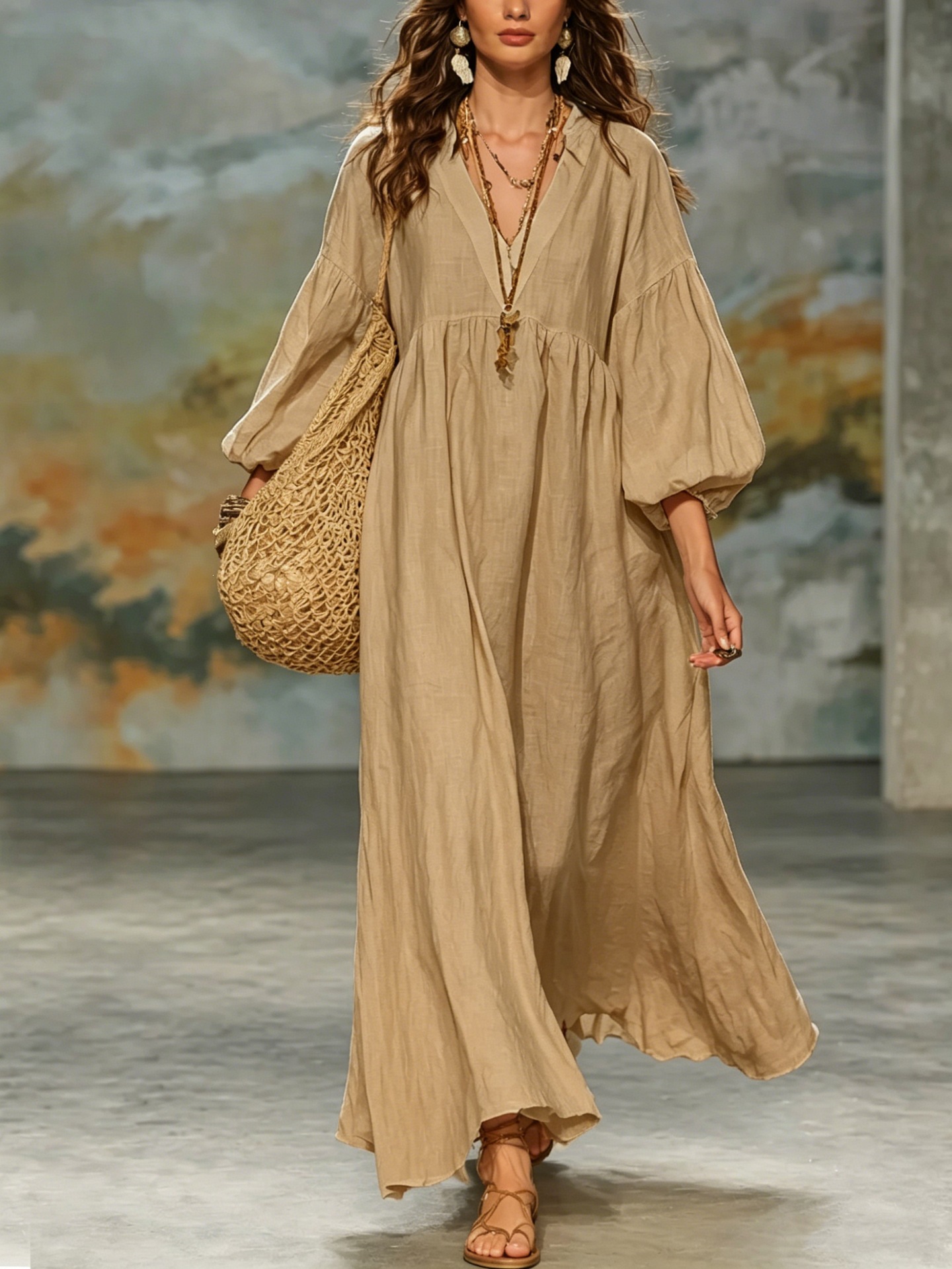 Boho Deep V Lantern Sleeve Maxi Dress
