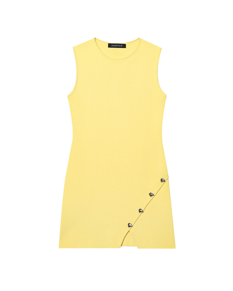 Asymmetric Button-Trim Knit Dress Sleeveless High Waist