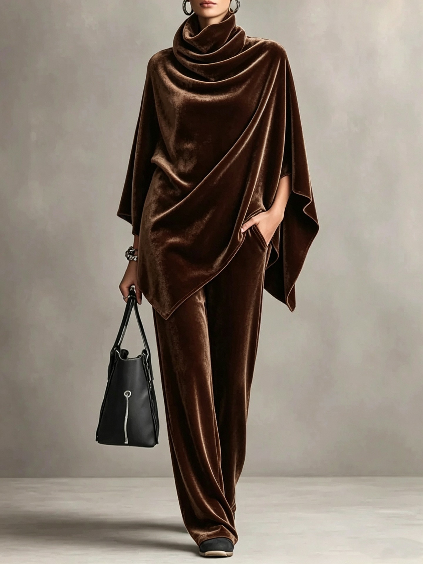 Women's Korean Velvet Cowl Neck Cape Top & Wide-Leg Pants Two-Piece Set