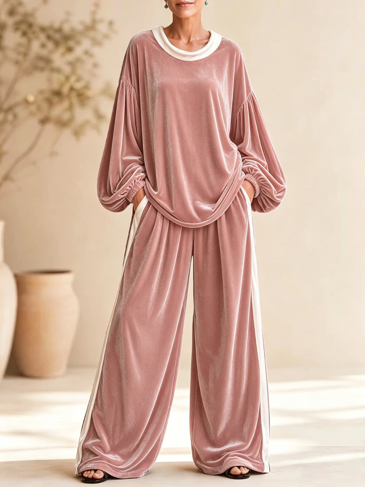 Velvet Black and White Colorblock Two-Piece Women's Casual Set
