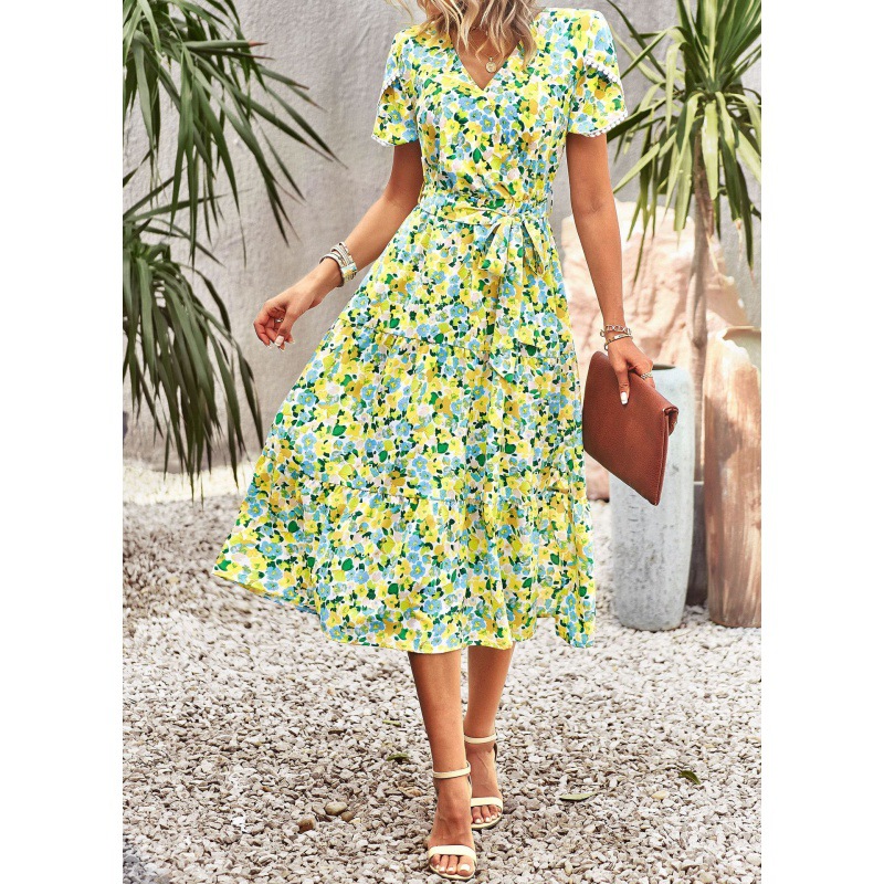 Women's V-Neck Floral Tie Split Midi Dress