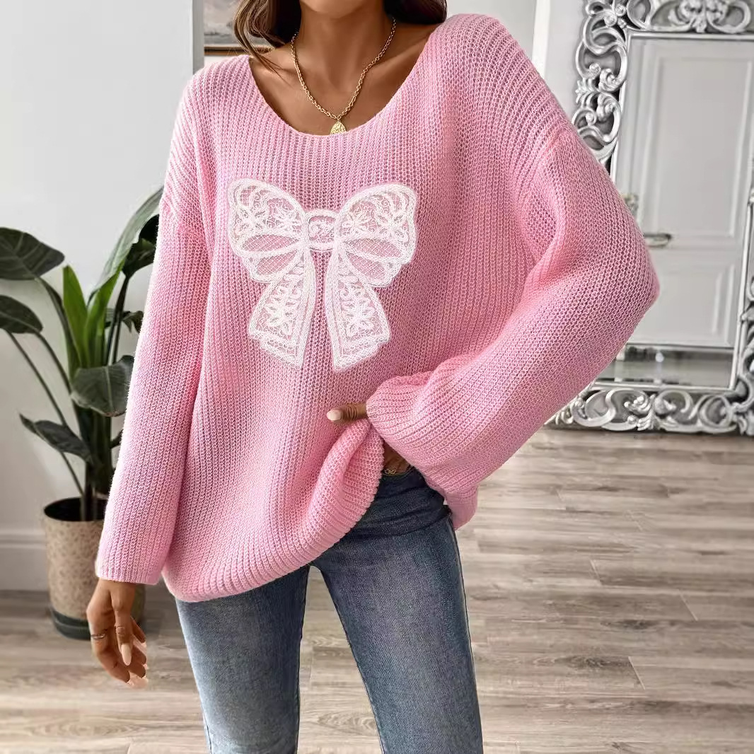 Bow Embroidered Off-Shoulder Flare-Sleeve Pullover Sweater