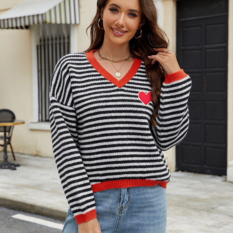 Heart Striped Color-Block V-Neck Knit Sweater