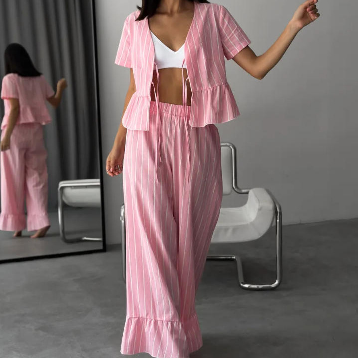 Women's V-Neck Striped Tie Shirt & Wide-Leg Pants Set