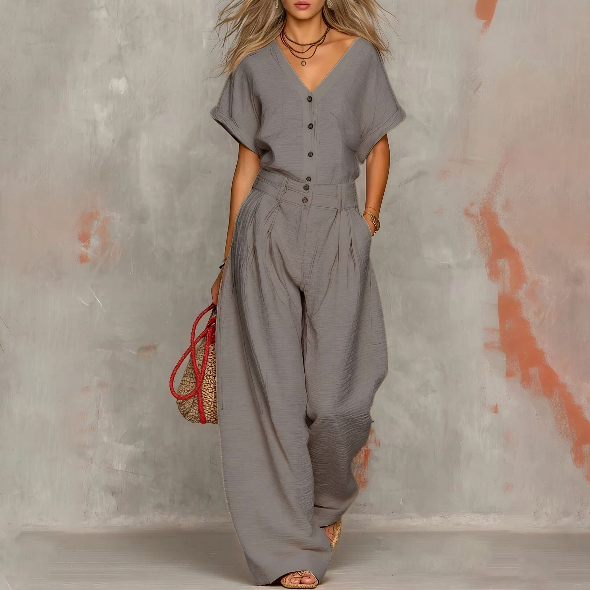 Women's Two-Piece Shirt and Wide-Leg Pants Set Casual Comfortable