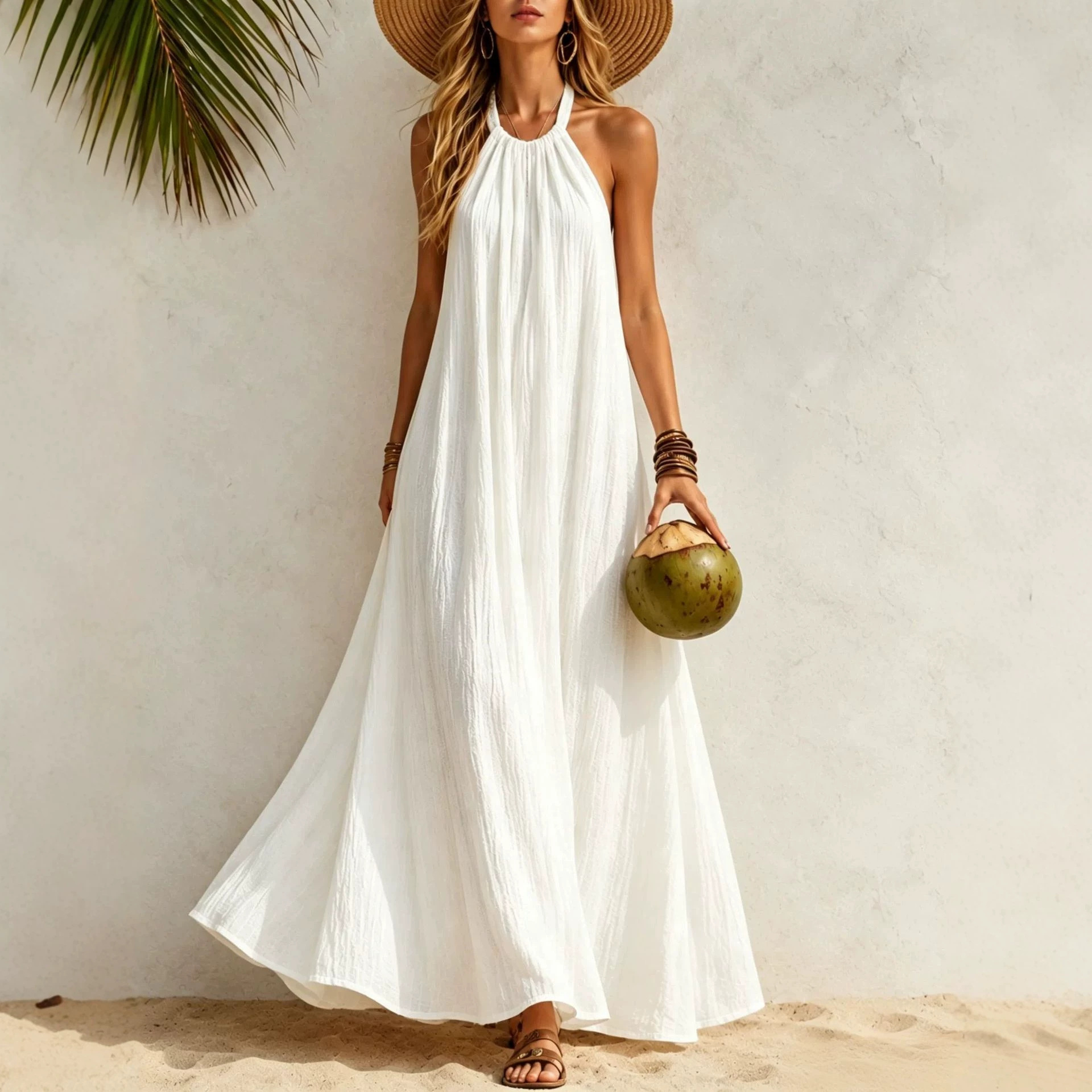Women's Halter Neck Maxi Dress Loose A-Line Boho Beach Vacation Dress