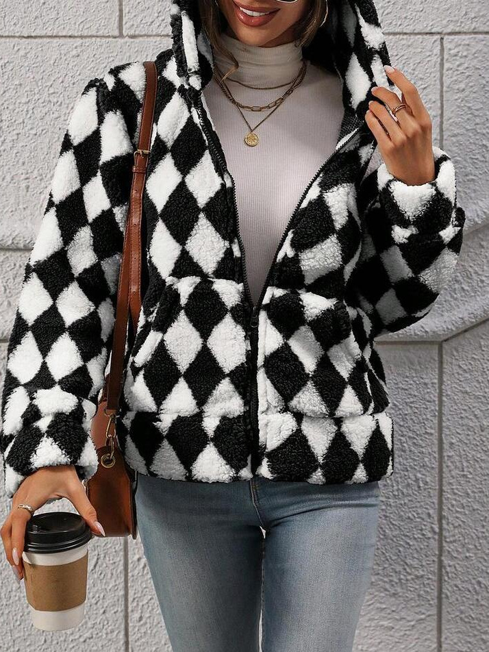Women's Fuzzy Fleece Zip-Up Hooded Jacket with Geometric Print