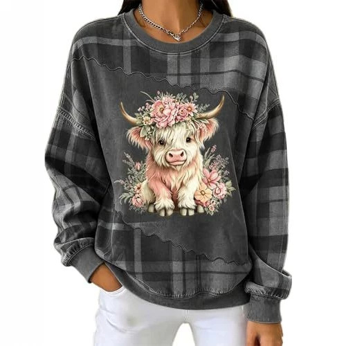 Women's Bull Head Floral Print Crewneck Sweatshirt Casual Pullover