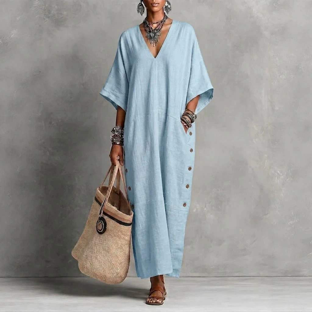Linen-Blend Loose V-Neck Side-Button Midi Dress