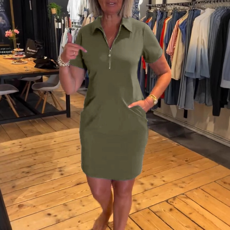 Women's Casual Short Sleeve Zip Front Solid Color Midi Dress with Collar