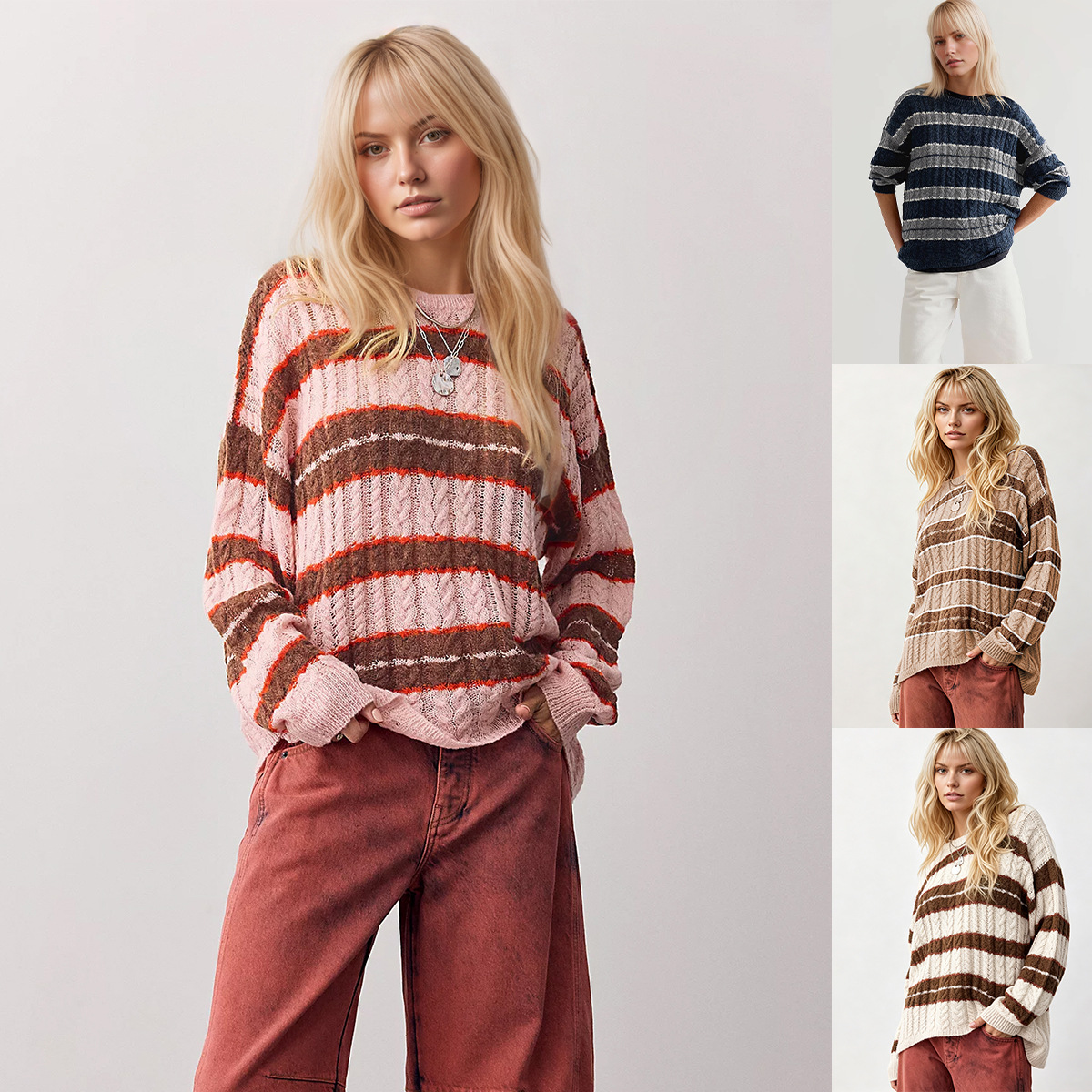 Striped Cable-Knit Pullover Sweater Women's Loose Fit Crew Neck