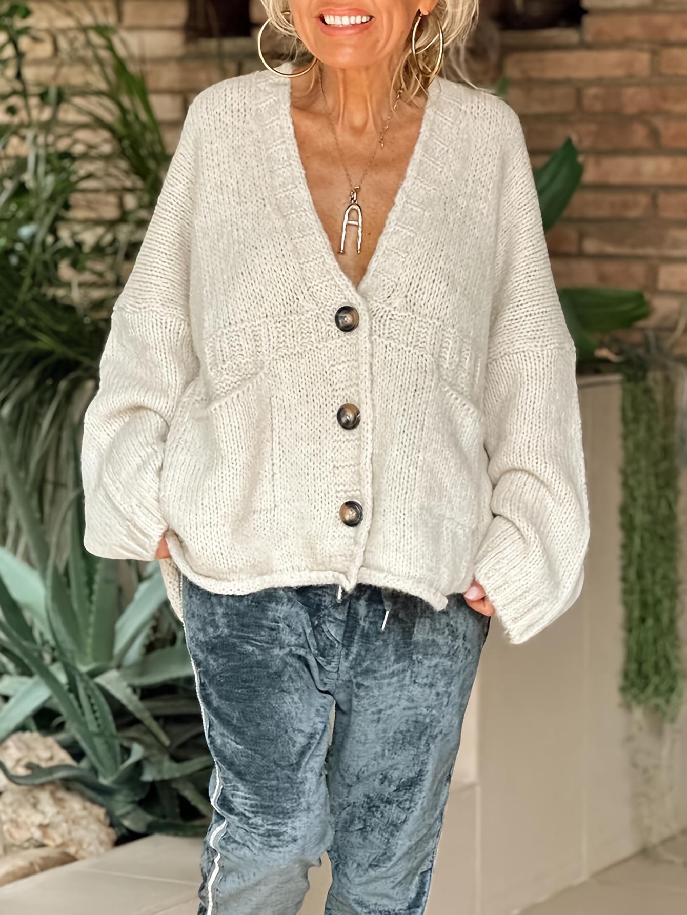 Women's V-Neck Open-Front Cardigan Sweater Loose Knit Long-Sleeve Top