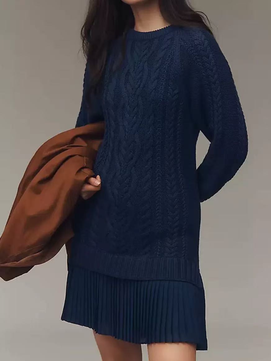 Crewneck Cable-Knit Chiffon Panel Mini Dress