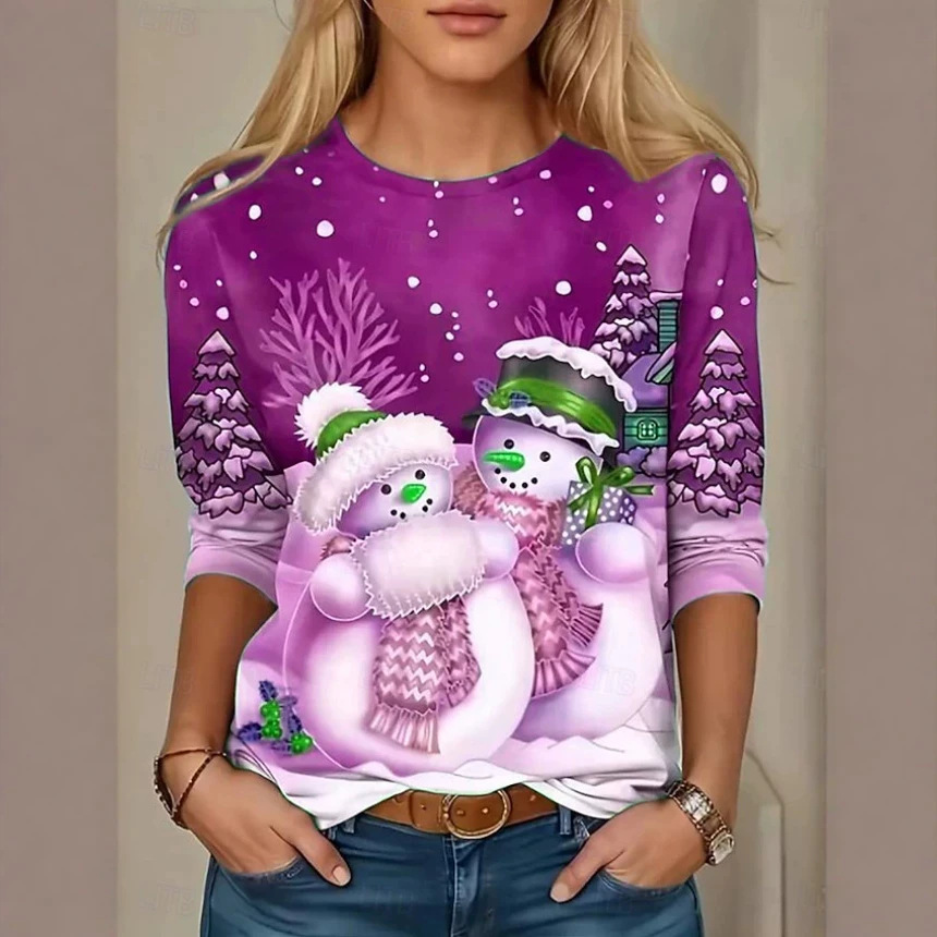 Snowman Print Women's Loose Crewneck Long-Sleeve Top
