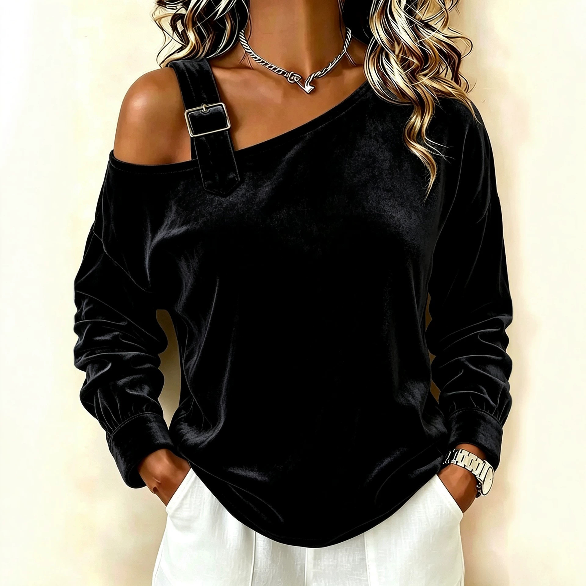 Women's Off-Shoulder Loose Knit Long Sleeve Top