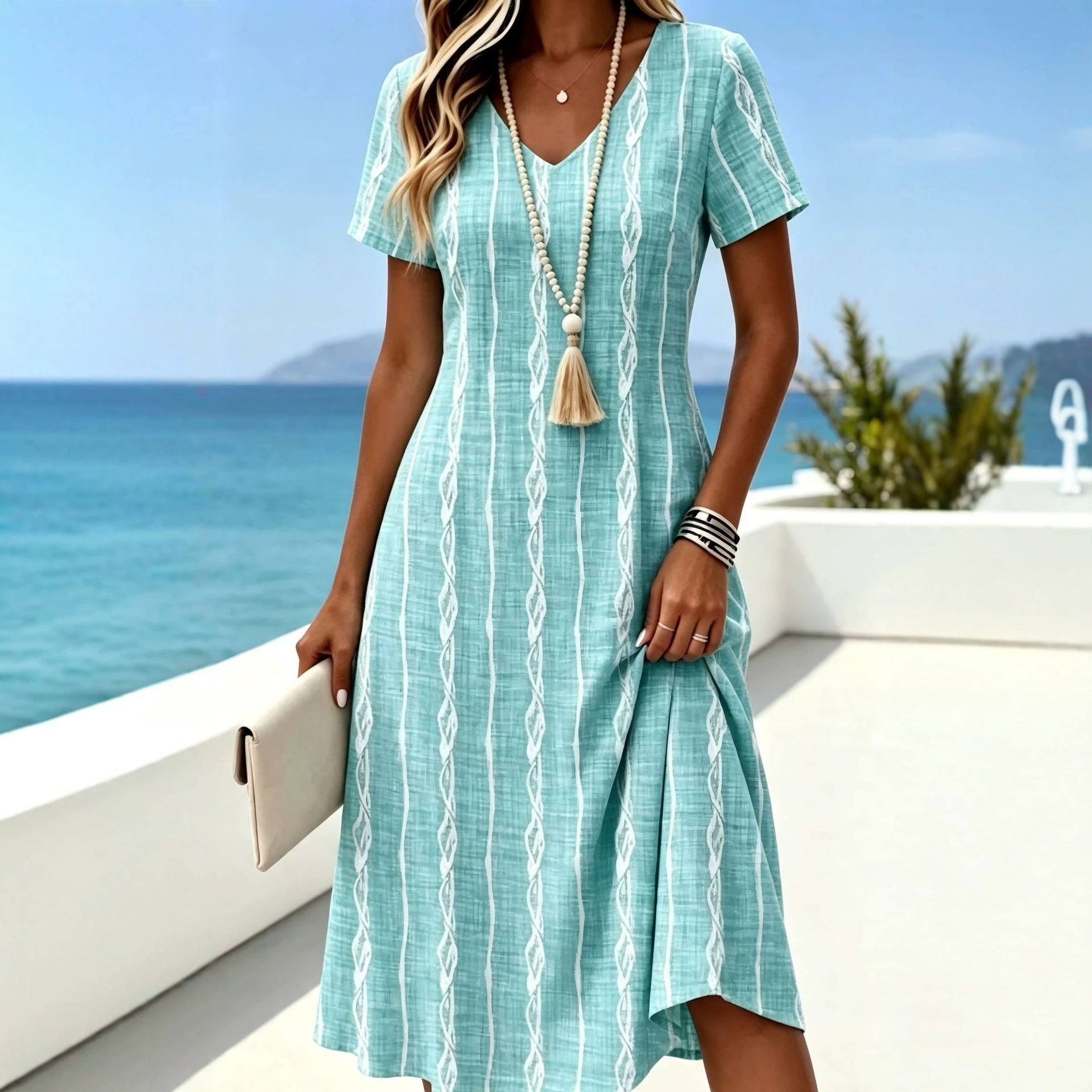 Women's Floral Print Casual Midi Dress Short Sleeve Deep V-Neck Slim Fit