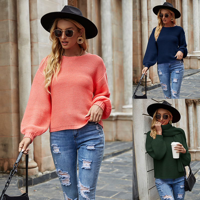 Women's Loose Fit Solid Crewneck Pullover Sweater with Scarf