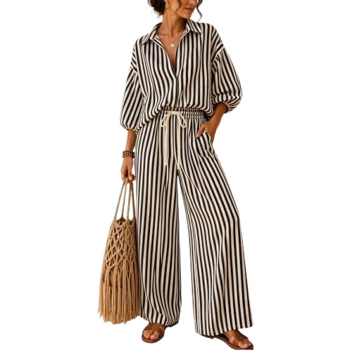 Striped Collared Lantern-Sleeve Shirt & Wide-Leg Pants Two-Piece Set