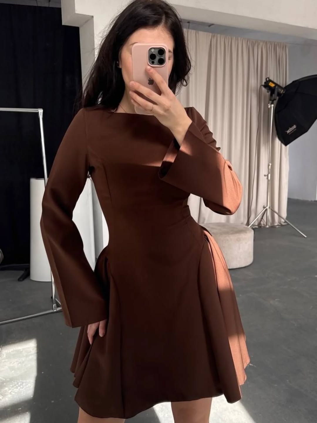 Elegant Long-Sleeve Short Dress with Boat Neck