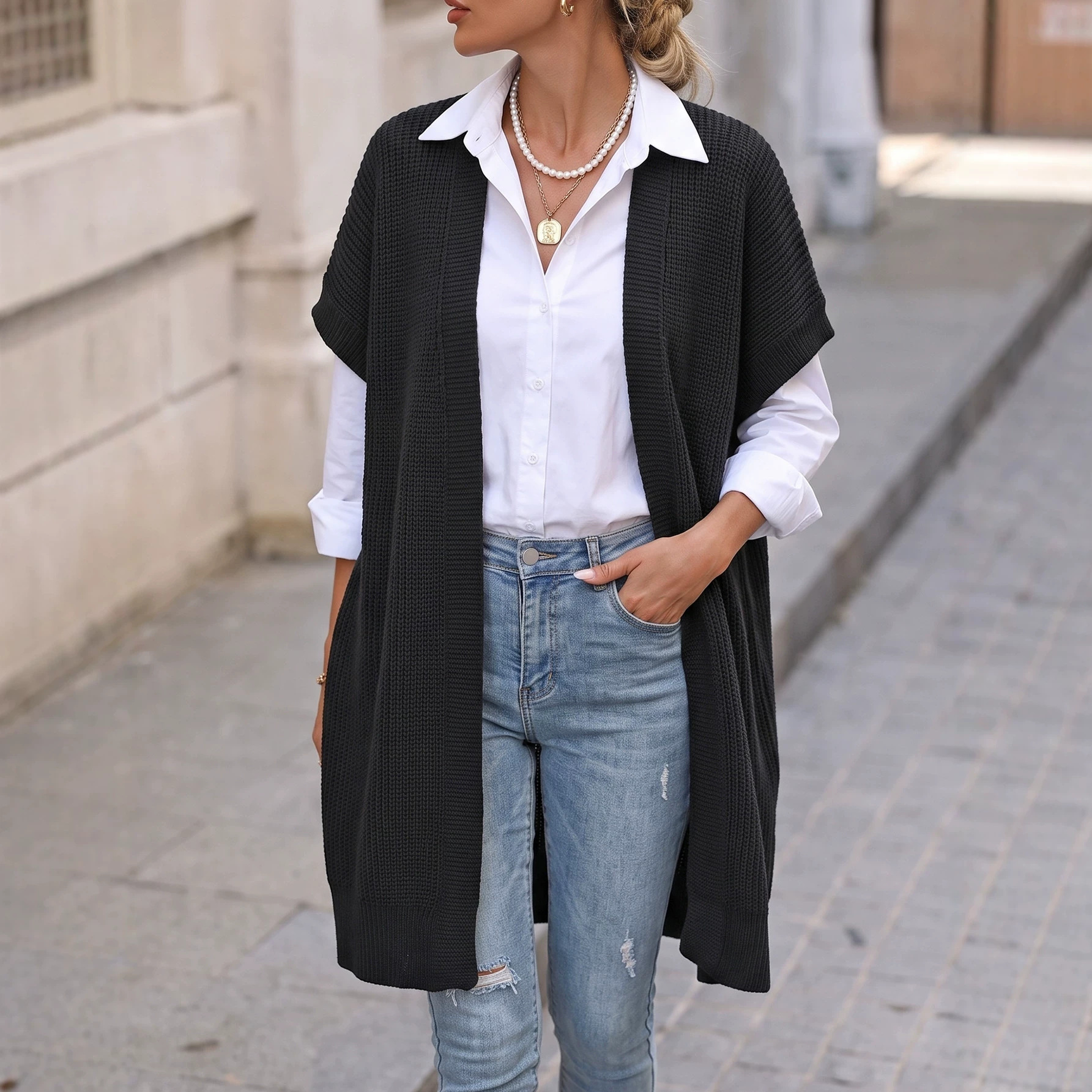 Women's Knit Cardigan Vest Sleeveless V-Neck Loose Fit
