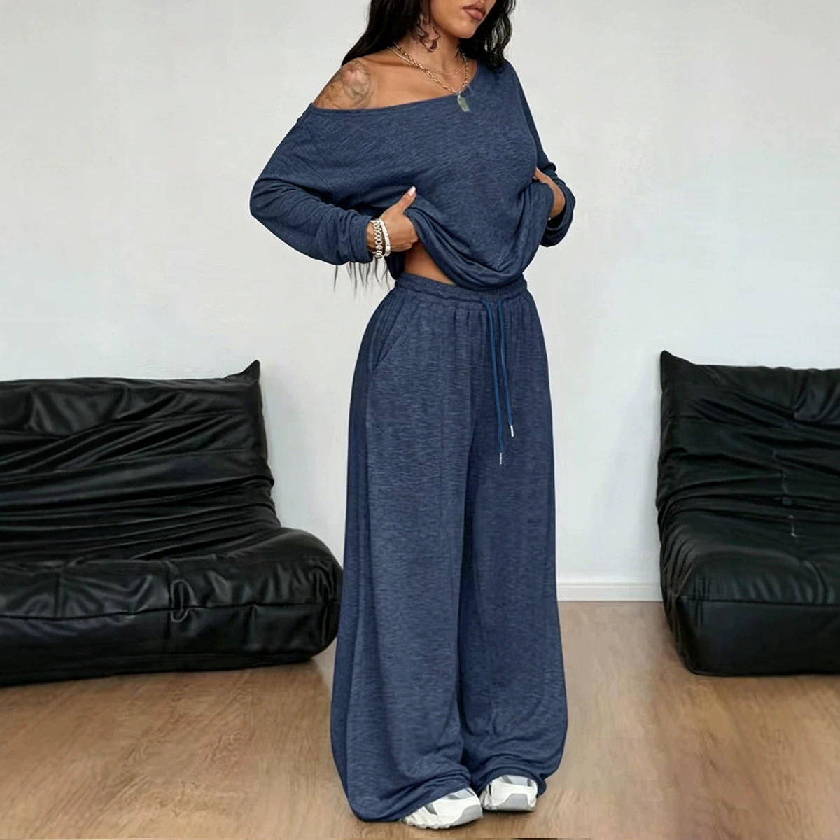 Women's Oblique Collar Wide-Leg Pants Set Solid Color Casual Two-Piece Long Sleeve