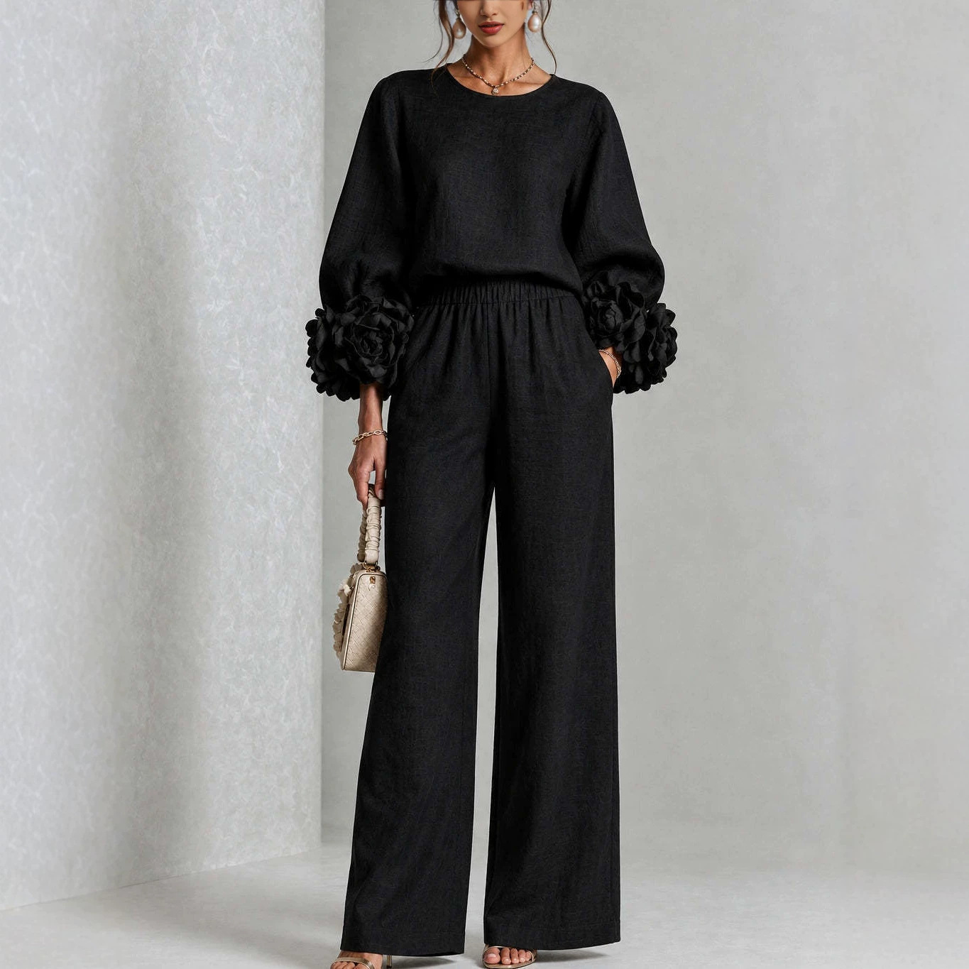 Women's 3D Floral Bubble Sleeve Two-Piece Set with High-Waist Wide-Leg Pants