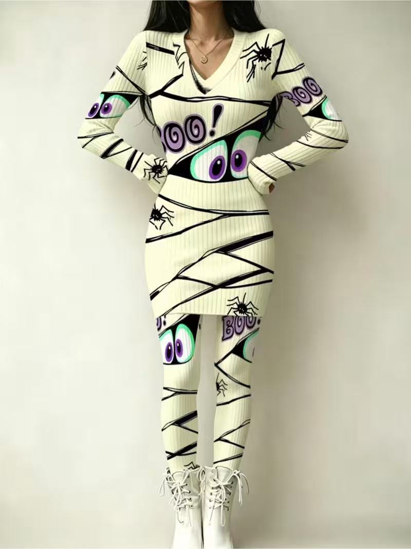 Anime Eye Print Long Sleeve Bodycon Top and Skirt Set