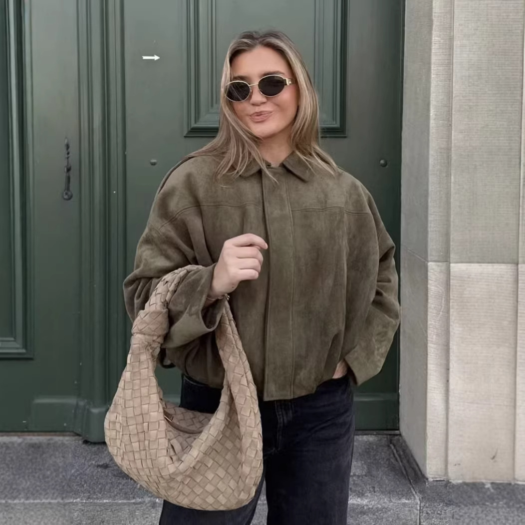 Suede-Feel Collared Bomber Jacket for Women
