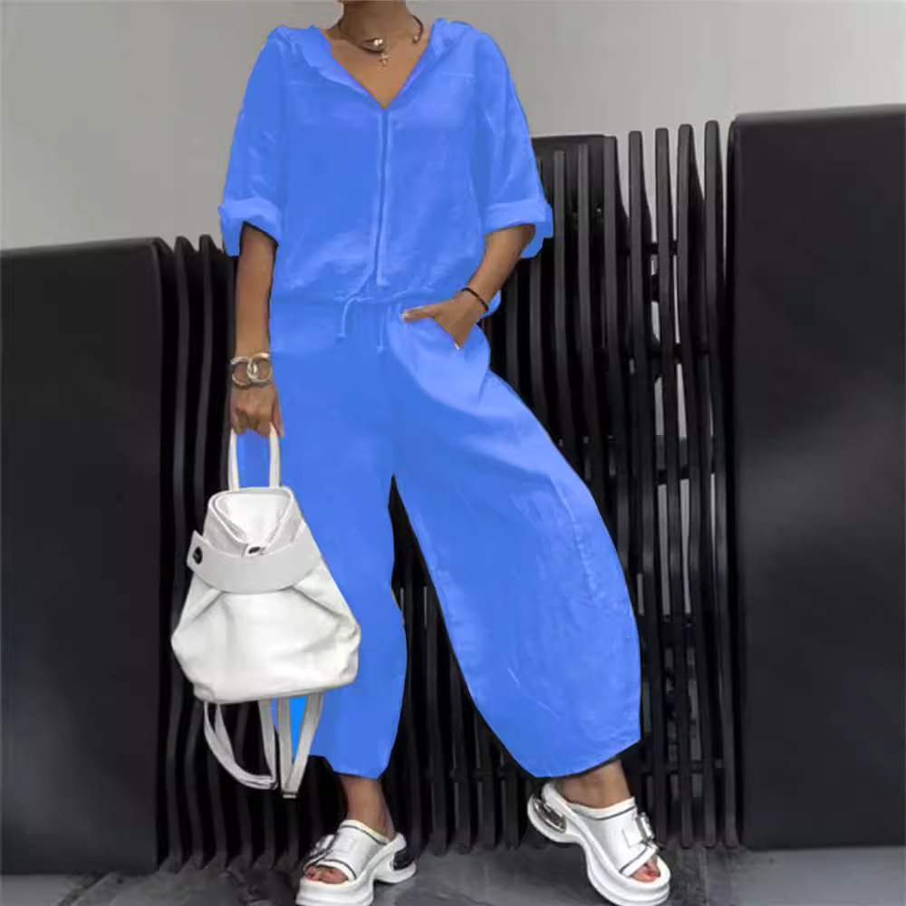 Women's Zip-Up Hooded Cotton-Linen Long Sleeve Top and Pants Set