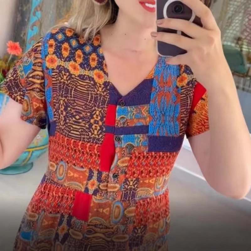 Women's Casual Printed V-Neck Short Sleeve Midi Dress