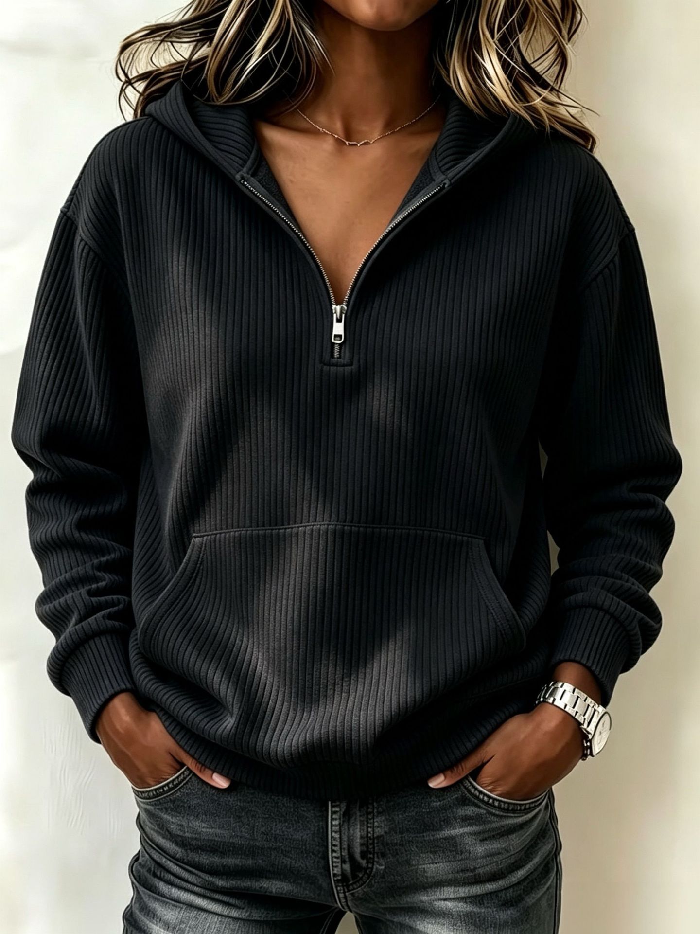 Half-Zip Hooded Sweatshirt Casual Long Sleeve Pullover