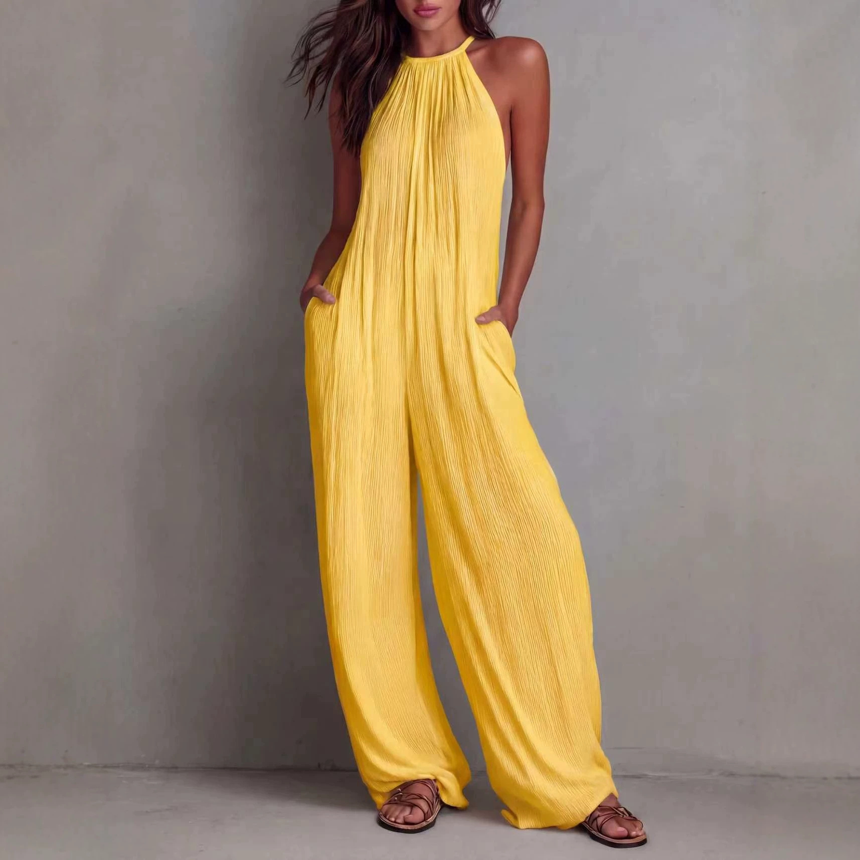 Women's White Pleated Open-Back Wide-Leg Jumpsuit