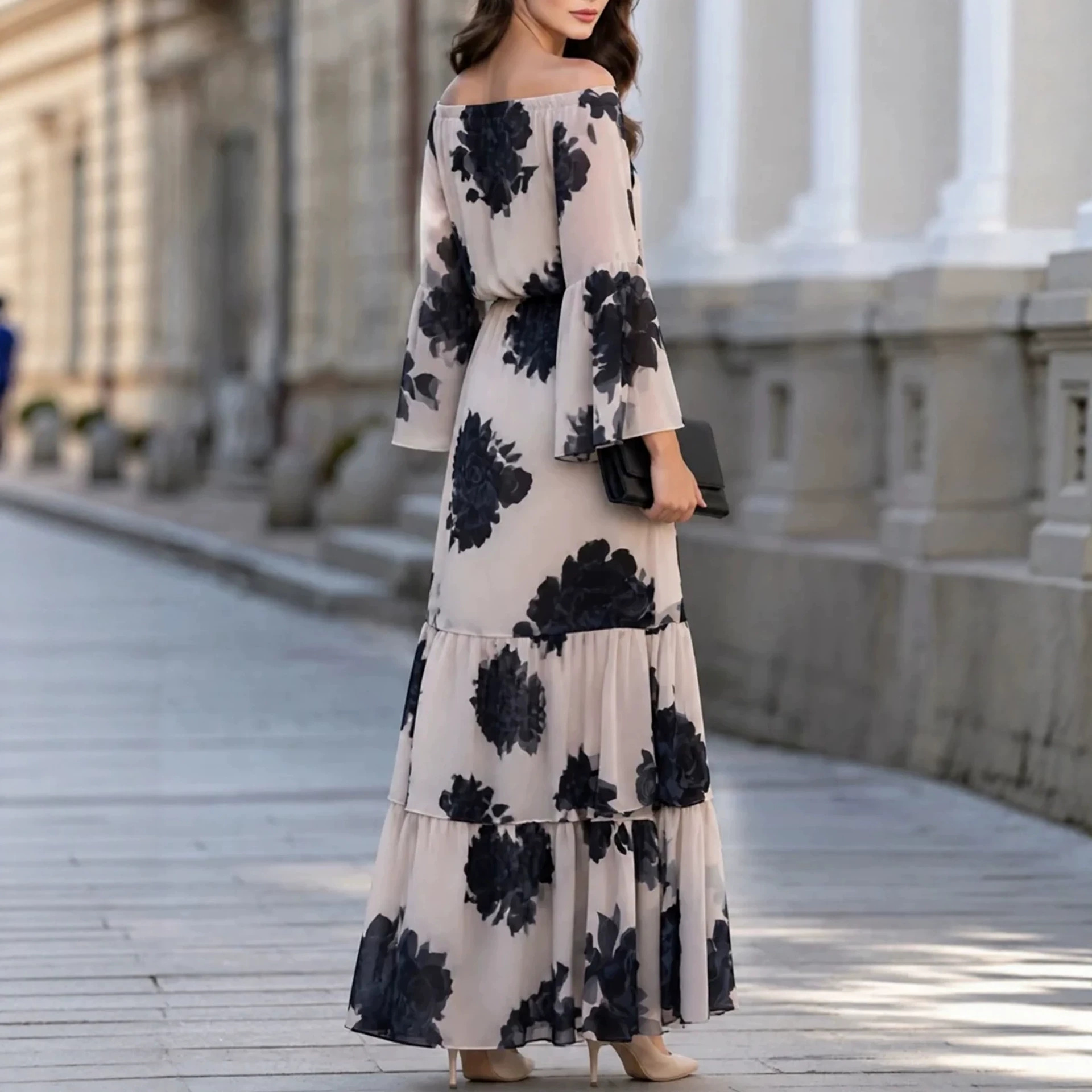 Off-Shoulder Floral Print Loose Long Dress with Bell Sleeves