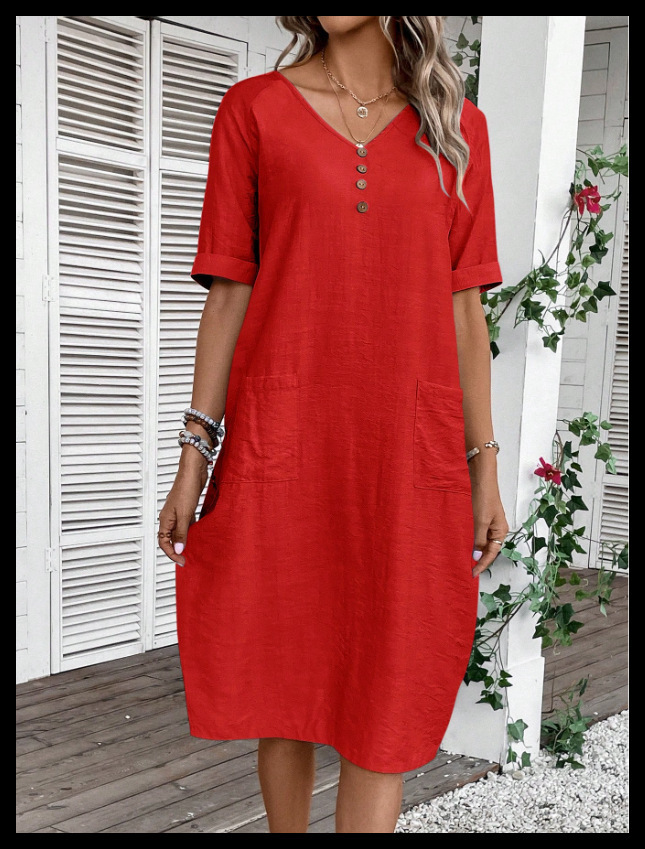 Women's V-Neck Loose Cotton Linen Midi Dress