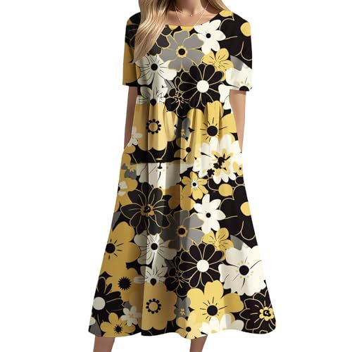 Women's Floral Print Ruched Midi Dress Short Sleeve Crew Neck