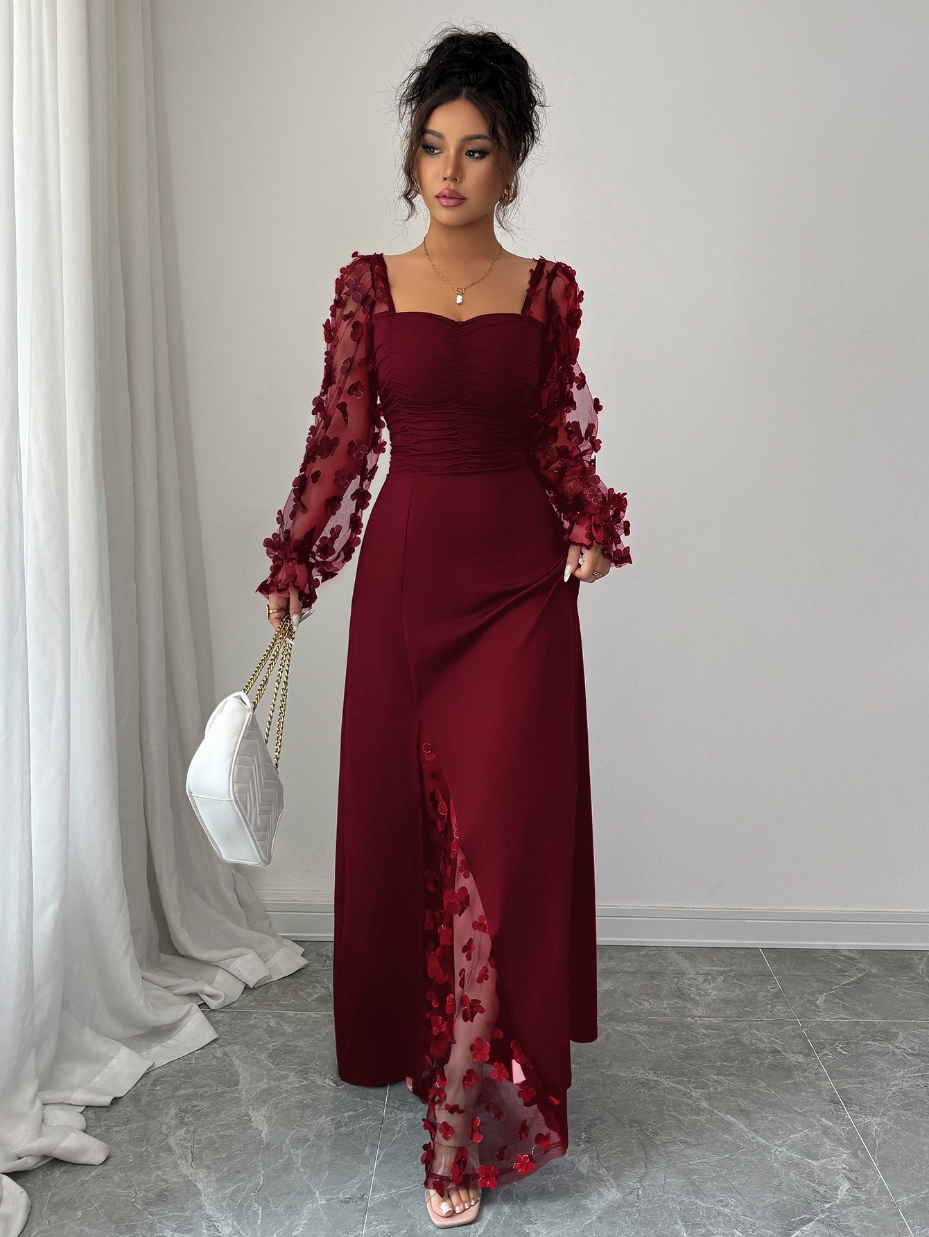 French Vintage Sheer Long Sleeve Evening Dress