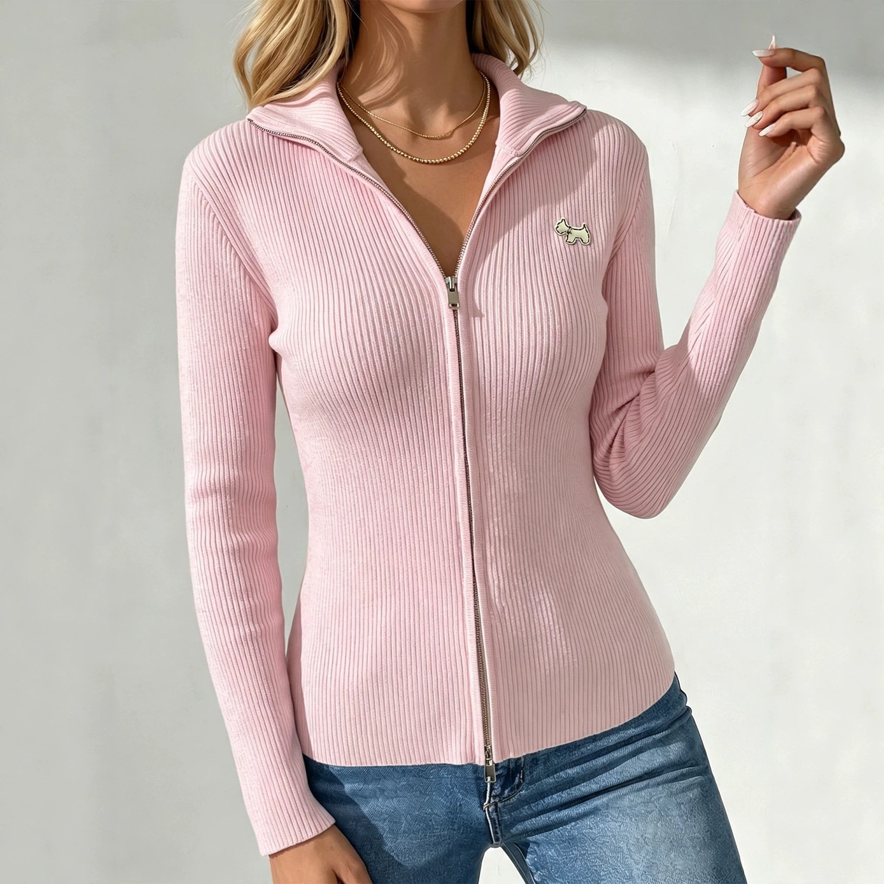 Women's Solid Knit Cardigan with Small Stand Collar, Cartoon Dog Accent, Double Zipper, Slim Fit