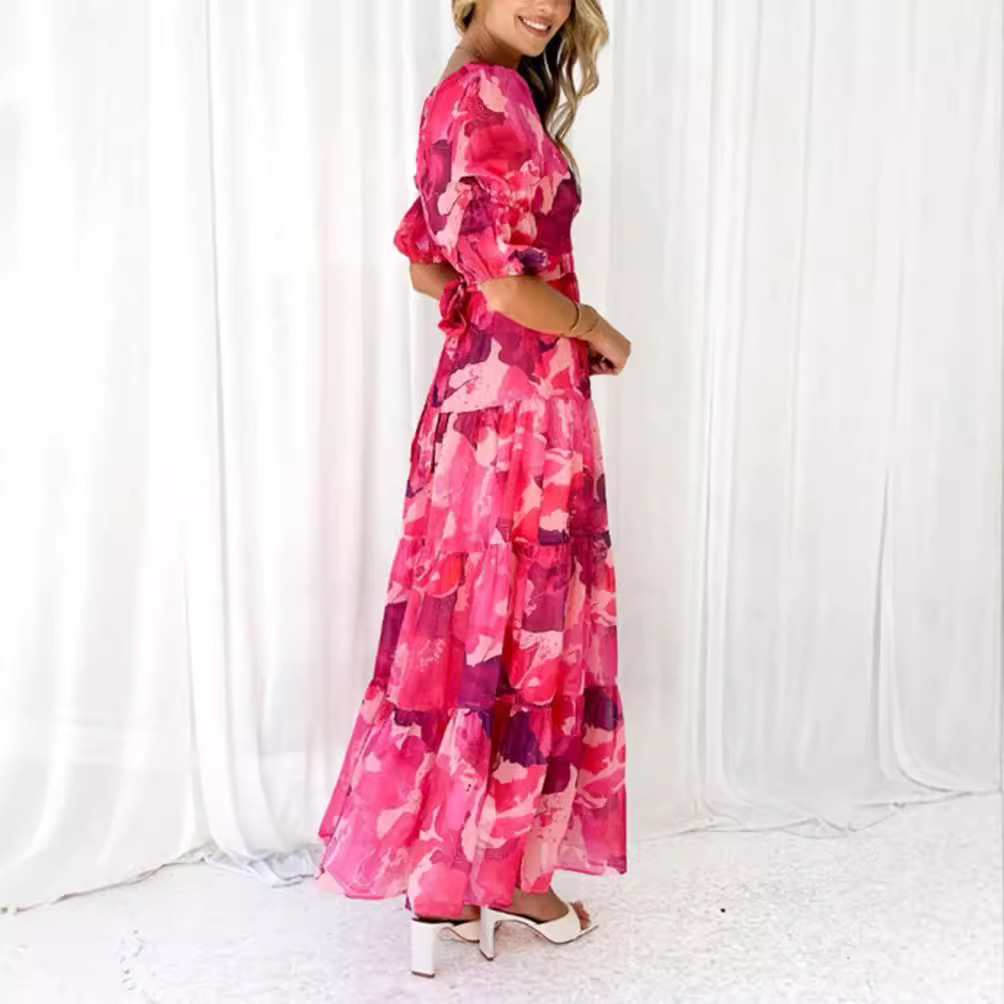 Floral Print V-Neck Bubble Sleeve Cinched-Waist Maxi Dress