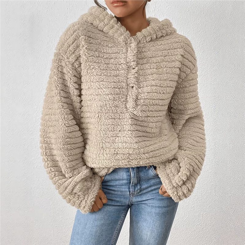 Women's Loose Plush Hooded Pullover Sweatshirt Button Front