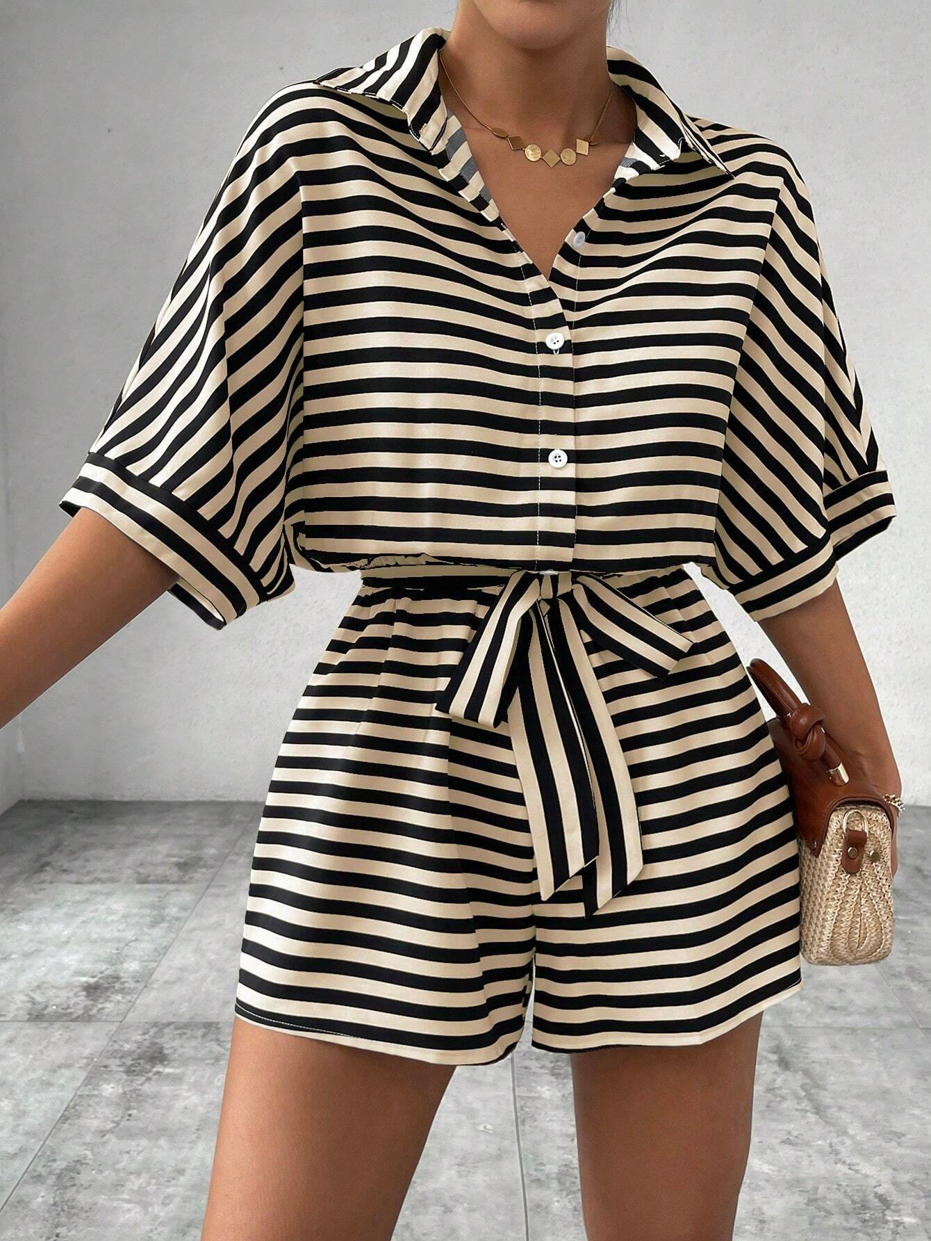 Striped Collared Button-Front Midi Sleeve Belted Shorts Romper for Women